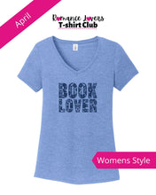 Load image into Gallery viewer, Women's book lover t-shirt in blue with dark blue ink
