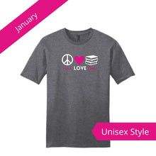 Load image into Gallery viewer, Peace, Love, Books T-shirt

